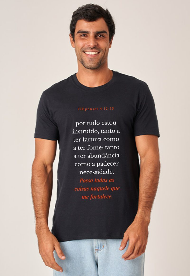 Filipenses 4:12-13 — Camiseta — Texto Branco