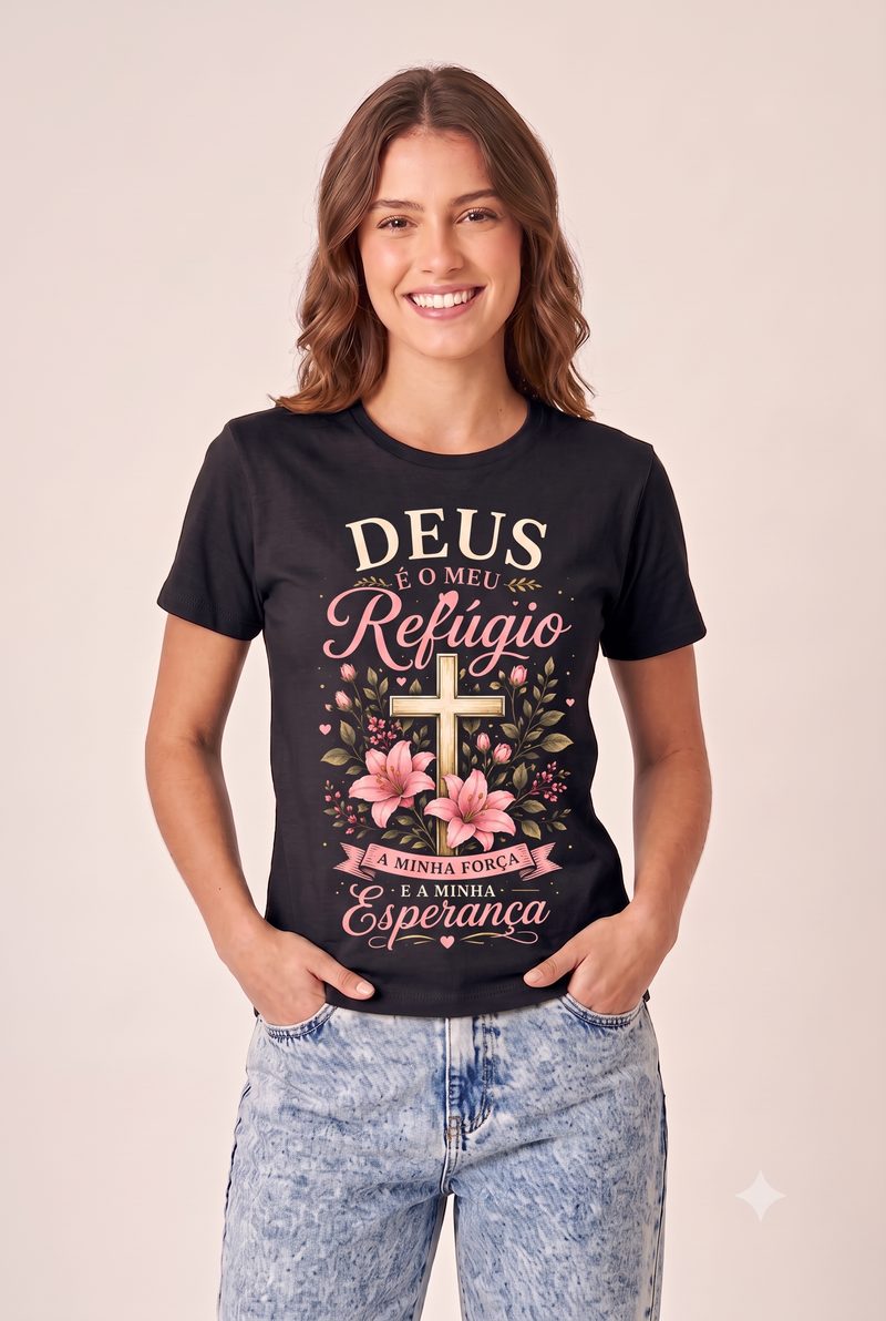 Deus é o meu refúgio — Camiseta — Floral 1